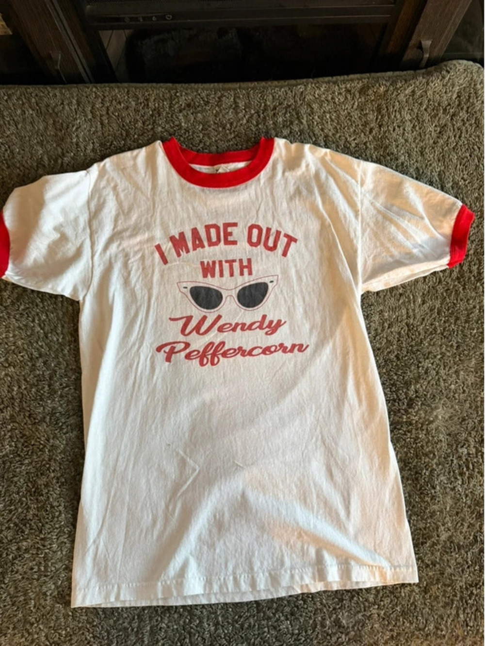 Vintage 'I Made Out With Wendy Peffercorn' White and Red Ringer T-Shirt Size L
